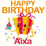 A vibrant and funny gift box character with a happy face dancing with a cupcake and the text 'Happy Birthday Aixa,' surrounded by animated confetti and party vibes.