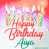 Bright birthday candles with rainbow flames on a cake, alongside the text 'Happy Birthday Aiya' in vibrant script in this celebratory animated GIF.