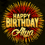 Golden 'Happy Birthday Aiya' text accompanied by animated rainbow fireworks for a festive animated greeting.