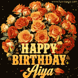 Animated bouquet of orange roses with moving butterfles and golden 'Happy Birthday Aiya' text, surrounded by sparkling accents and a dark backdrop for a luxurious feel.
