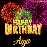 A golden 'Happy Birthday Aiya' message with vibrant fireworks in the background, creating a festive and celebratory vibe in this animated name GIF.