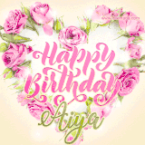 A stunning heart made of pink roses surrounds the elegant script text 'Happy Birthday Aiya' on a soft beige background. Animated sparkles add a magical and festive feel.