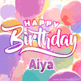 A vibrant name GIF featuring colorful balloons in shades of pink, orange, and yellow with the bold text 'Happy Birthday Aiya' in festive fonts, creating a lively birthday vibe.