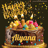 A delightful chocolate birthday cake with bright candles and 'Happy Birthday Aiyana' written in gold amidst a shower of animated stars.