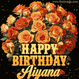 Animated bouquet of orange roses with moving butterfles and golden 'Happy Birthday Aiyana' text, surrounded by sparkling accents and a dark backdrop for a luxurious feel.