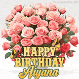 Golden 'Happy Birthday Aiyana' text beneath a vibrant bouquet of orange roses, complete with glittering butterflies and sparkling details.