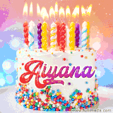 A cheerful white birthday cake with multicolor sprinkles, lit candles, and 'Aiyana' written in vibrant letters, in an animated GIF.