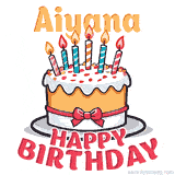Cartoon birthday cake with a red bow, glowing candles, and 'Aiyana Happy Birthday' text in bold animated style.