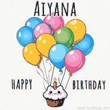 An adorable and cute cupcake with a smiley face and moving colorful balloons create a joyful birthday greeting for Aiyana in this cheerful animated greeting E-card.