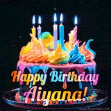 A mesmerizing animated cake with multicolor frosting and candles, and the words 'Happy Birthday Aiyana' on the black background.