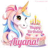 An adorable animated unicorn with soft pastel colors sits beside a birthday cake with glowing candles, and a pink 'Happy Birthday Aiyana!' words.