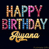 Vibrant luxury birthday greeting card for Aiyana, showing glittering gemstone letters and golden calligraphy on a dark background with twinkling shine effects.