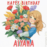Bright floral birthday animation for Aiyana showing a cute cartoon girl with golden hair and expressive eyes holding a huge bouquet, surrounded by birthday text.