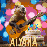 Animated birthday GIF showing a capybara playing guitar and singing beside a birthday cake with the name Aiyana in large letters and colorful bokeh lights in the background.