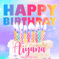 Animated Happy Birthday Cake with Name Aiyana and Burning Candles