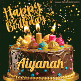 A delightful chocolate birthday cake with bright candles and 'Happy Birthday Aiyanah' written in gold amidst a shower of animated stars.
