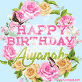 A charming animated GIF featuring 'Happy Birthday Aiyanah' in pink and green text, surrounded by delicate roses, leaves, and fluttering butterflies on a soft light blue pastel background.