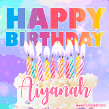 A vibrant animated name GIF with the words 'Happy Birthday Aiyanah' with colorful candles on a creamy cake. The background sparkles with pastel shades, adding a festive touch.