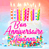 A white birthday cake covered in colorful sprinkles, topped with bright candles, and French text 'Bon Anniversaire Aiyanna' on a pastel gradient background in an animated GIF.