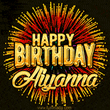 Golden 'Happy Birthday Aiyanna' text accompanied by animated rainbow fireworks for a festive animated greeting.