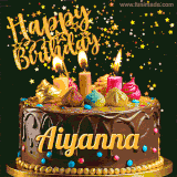 A delightful chocolate birthday cake with bright candles and 'Happy Birthday Aiyanna' written in gold amidst a shower of animated stars.