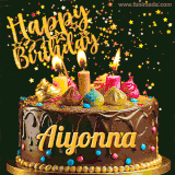 A delightful chocolate birthday cake with bright candles and 'Happy Birthday Aiyonna' written in gold amidst a shower of animated stars.