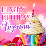 A vibrant birthday GIF featuring a rainbow-colored cupcake topped with white frosting, sprinkles, and a lit candle. The text reads 'Happy Birthday Aiyonna' in bold pink and violet letters with white outline.