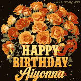 Animated bouquet of orange roses with moving butterfles and golden 'Happy Birthday Aiyonna' text, surrounded by sparkling accents and a dark backdrop for a luxurious feel.