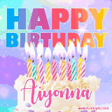A vibrant animated name GIF with the words 'Happy Birthday Aiyonna' with colorful candles on a creamy cake. The background sparkles with pastel shades, adding a festive touch.