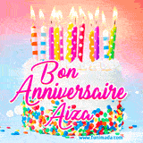 A white birthday cake covered in colorful sprinkles, topped with bright candles, and French text 'Bon Anniversaire Aiza' on a pastel gradient background in an animated GIF.