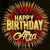 Golden 'Happy Birthday Aiza' text accompanied by animated rainbow fireworks for a festive animated greeting.