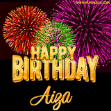 A golden 'Happy Birthday Aiza' message with vibrant fireworks in the background, creating a festive and celebratory vibe in this animated name GIF.