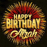 Golden 'Happy Birthday Aizah' text accompanied by animated rainbow fireworks for a festive animated greeting.