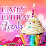 A vibrant birthday GIF featuring a rainbow-colored cupcake topped with white frosting, sprinkles, and a lit candle. The text reads 'Happy Birthday Aizah' in bold pink and violet letters with white outline.