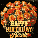 Animated bouquet of orange roses with moving butterfles and golden 'Happy Birthday Aizah' text, surrounded by sparkling accents and a dark backdrop for a luxurious feel.