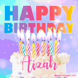 A vibrant animated name GIF with the words 'Happy Birthday Aizah' with colorful candles on a creamy cake. The background sparkles with pastel shades, adding a festive touch.