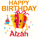A vibrant and funny gift box character with a happy face dancing with a cupcake and the text 'Happy Birthday Aizah,' surrounded by animated confetti and party vibes.