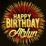 Golden 'Happy Birthday Aizlyn' text accompanied by animated rainbow fireworks for a festive animated greeting.