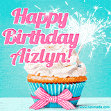 A festive cupcake with pink icing, a gingham bow, and a lit animated sparkler, paired with 'Happy Birthday Aizlyn!' in bright pink text.