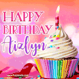A vibrant birthday GIF featuring a rainbow-colored cupcake topped with white frosting, sprinkles, and a lit candle. The text reads 'Happy Birthday Aizlyn' in bold pink and violet letters with white outline.