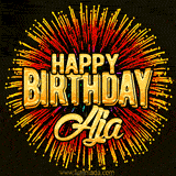 Golden 'Happy Birthday Aja' text accompanied by animated rainbow fireworks for a festive animated greeting.