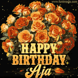 Animated bouquet of orange roses with moving butterfles and golden 'Happy Birthday Aja' text, surrounded by sparkling accents and a dark backdrop for a luxurious feel.