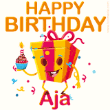 A vibrant and funny gift box character with a happy face dancing with a cupcake and the text 'Happy Birthday Aja,' surrounded by animated confetti and party vibes.