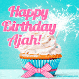 A festive cupcake with pink icing, a gingham bow, and a lit animated sparkler, paired with 'Happy Birthday Ajah!' in bright pink text.