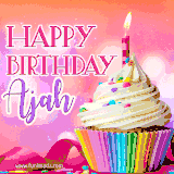 A vibrant birthday GIF featuring a rainbow-colored cupcake topped with white frosting, sprinkles, and a lit candle. The text reads 'Happy Birthday Ajah' in bold pink and violet letters with white outline.