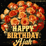 Animated bouquet of orange roses with moving butterfles and golden 'Happy Birthday Ajah' text, surrounded by sparkling accents and a dark backdrop for a luxurious feel.