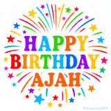 Happy Birthday Ajah' GIF with rainbow-colored letters, colorful stars, and fireworks on white background.