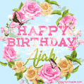 A charming animated GIF featuring 'Happy Birthday Ajah' in pink and green text, surrounded by delicate roses, leaves, and fluttering butterflies on a soft light blue pastel background.