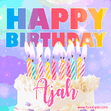 A vibrant animated name GIF with the words 'Happy Birthday Ajah' with colorful candles on a creamy cake. The background sparkles with pastel shades, adding a festive touch.