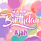 A vibrant name GIF featuring colorful balloons in shades of pink, orange, and yellow with the bold text 'Happy Birthday Ajah' in festive fonts, creating a lively birthday vibe.